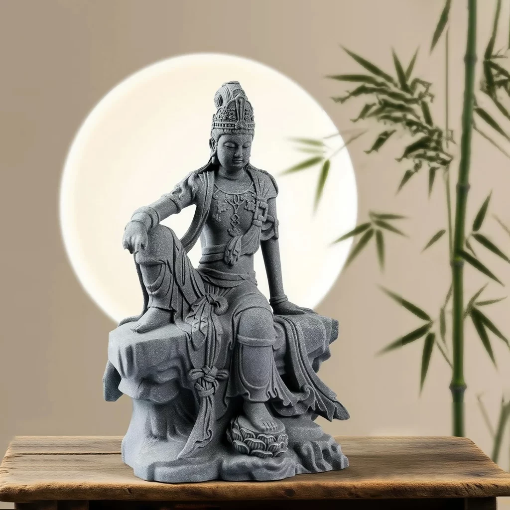 Blue-gray Water Moon Guanyin displayed with bamboo and a round light.