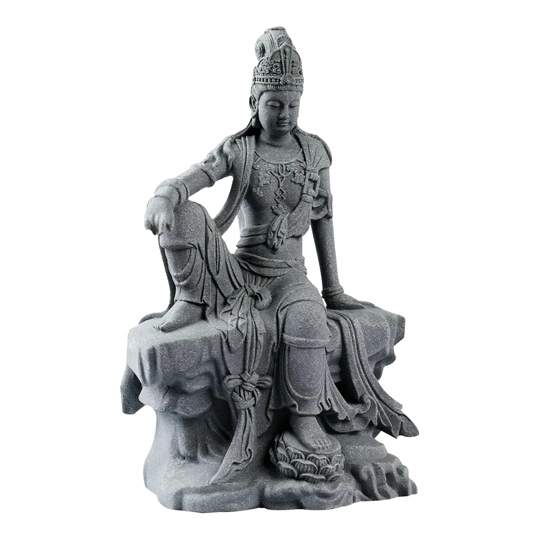 Larger Water Moon Guanyin statue on a white background, showing the crown, robes and lotus footrest