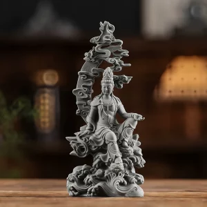 Gray Water Moon Guanyin statue with waves and a tall openwork rock backdrop, 17.5 cm high