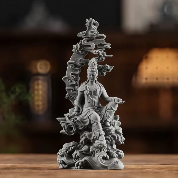 Gray Water Moon Guanyin seated among waves beneath a tall openwork rock backdrop