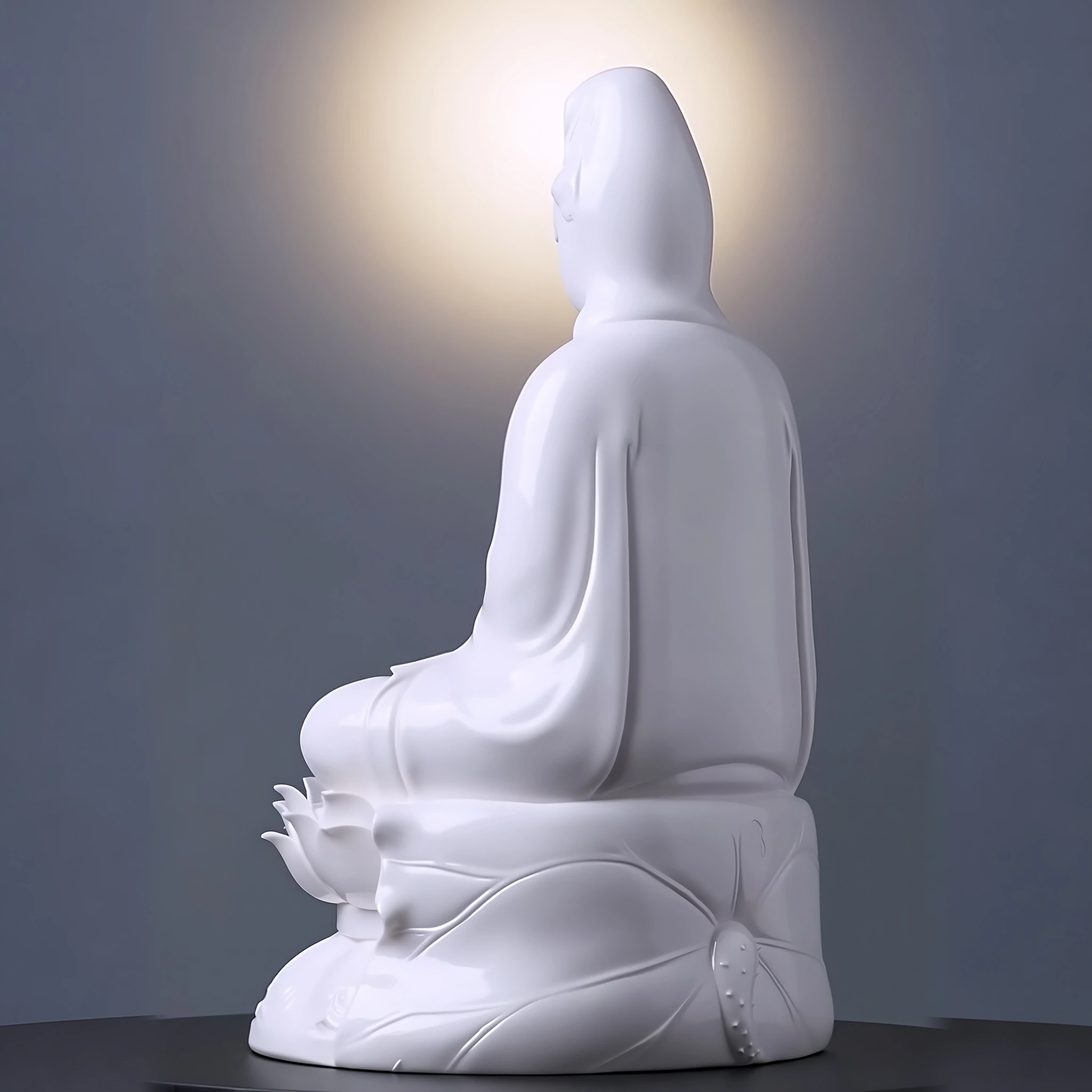Rear three-quarter view of the 29 cm (11.4 in) Pure White porcelain Guanyin statue, showing the draped robe and lotus-leaf base.