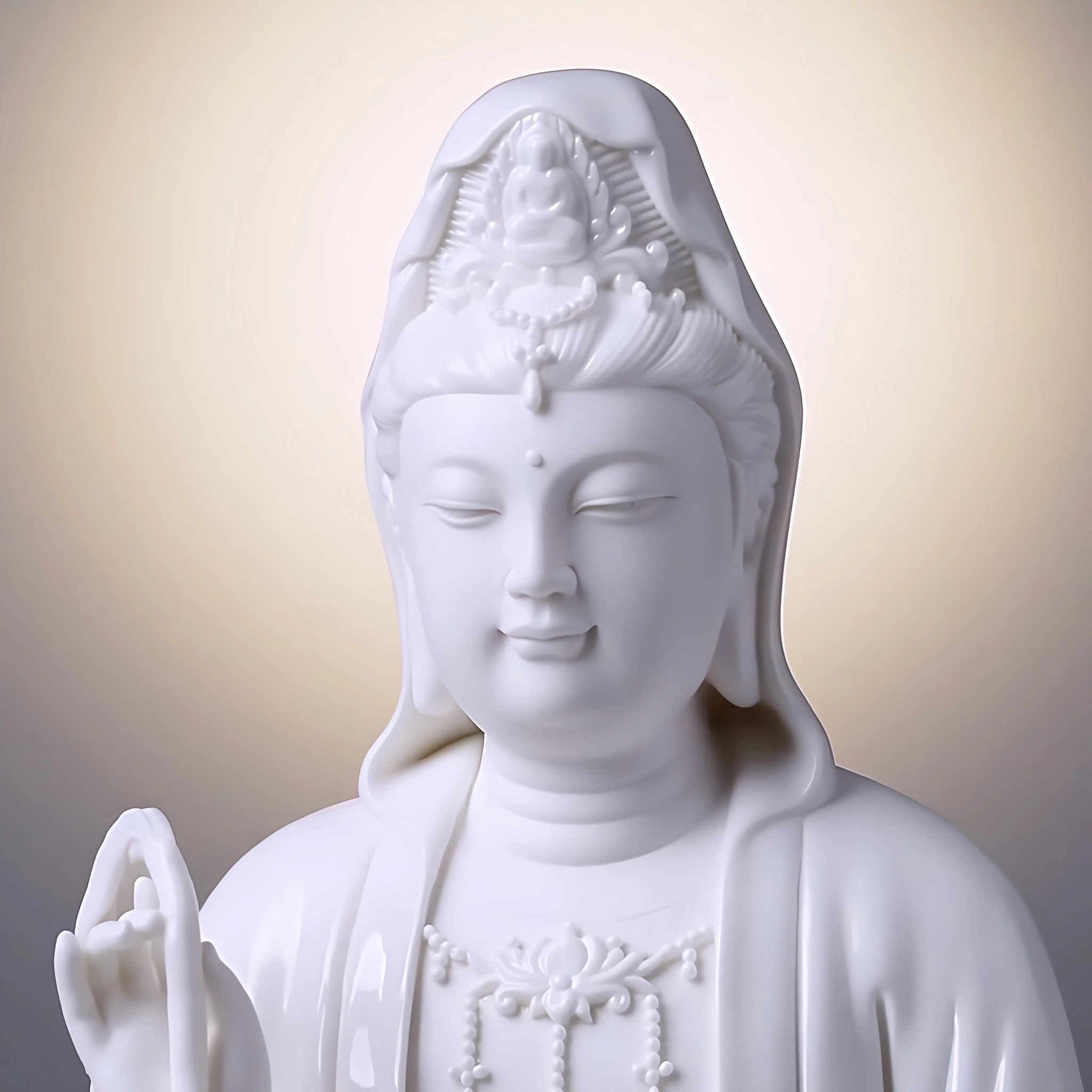 Close-up of the face, crown and beaded necklace on the 29 cm (11.4 in) Pure White porcelain Guanyin statue.