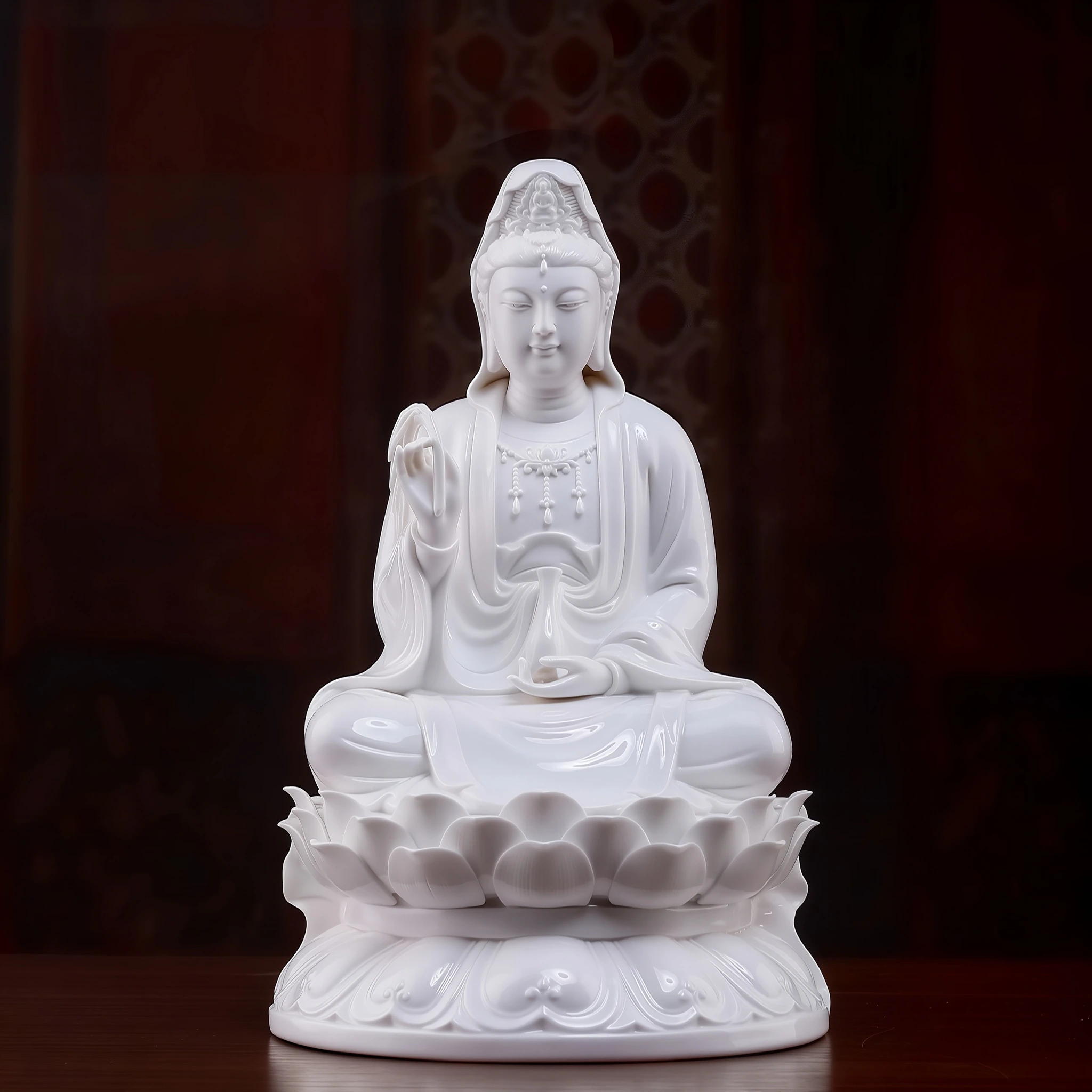 Front view of the 29 cm (11.4 in) Pure White porcelain Guanyin statue seated on a lotus pedestal.