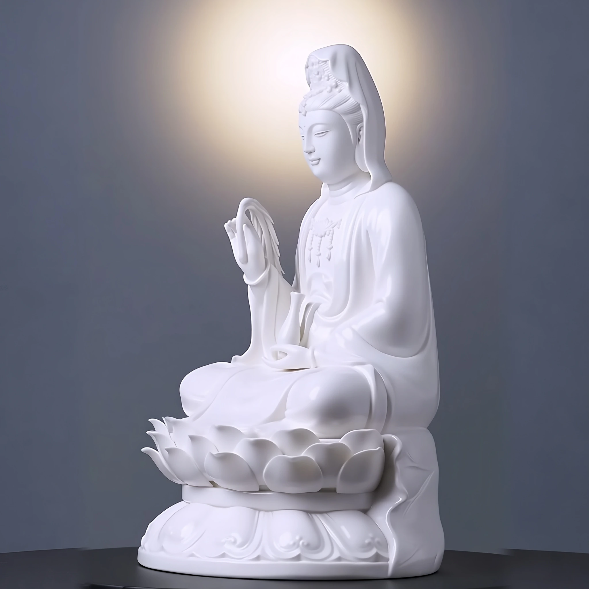 Three-quarter view of the 29 cm (11.4 in) Pure White porcelain Guanyin statue, showing the raised hand, vase and layered lotus petals.
