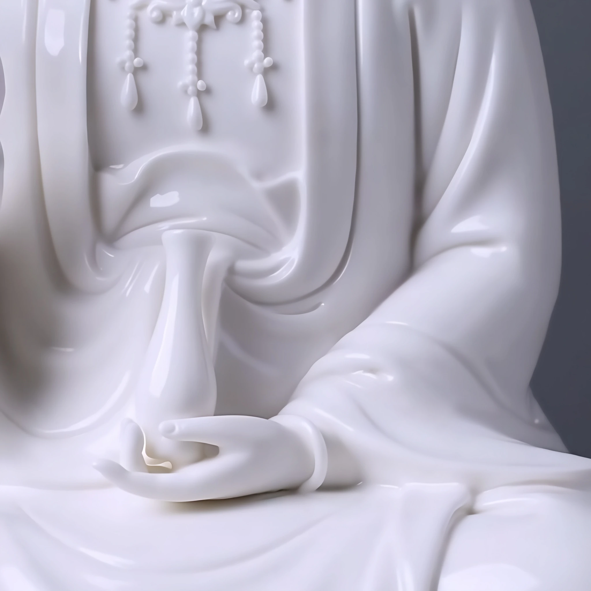 Detail of the slender vase held in the left hand of the 29 cm (11.4 in) Pure White porcelain Guanyin statue.