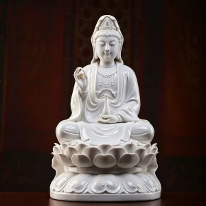Front view of the 42.5 cm (16.7 in) Ivory White porcelain Guanyin statue seated on a layered lotus pedestal.