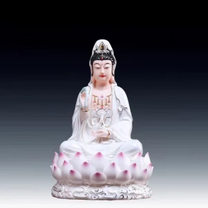 Front of the 30 cm (11.8 in) Xiangyun Guanyin in white robes with gold-tone edging, pink-tipped lotus petals and a white cloud base