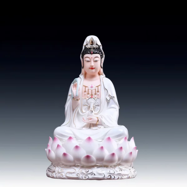 Front of the 30 cm (11.8 in) Xiangyun Guanyin in white robes with gold-tone edging, pink-tipped lotus petals and a white cloud base