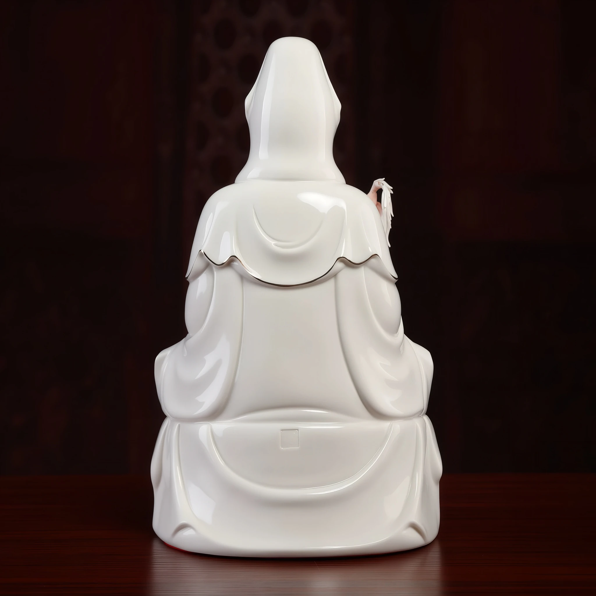 Back of the Xiangyun Songzi Guanyin with boy version, showing the ivory robe and gold-tone edging