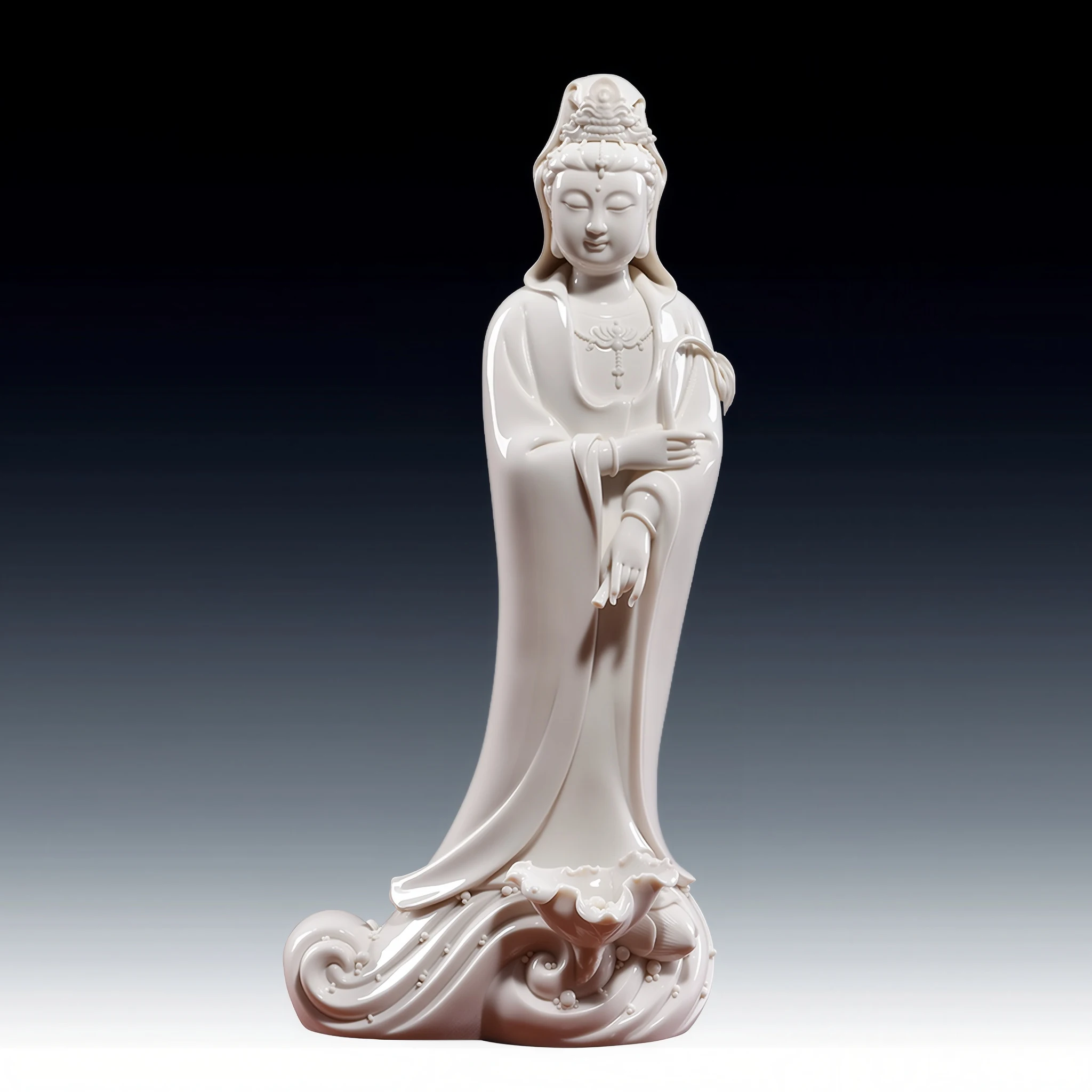 Yangzhi Guanyin statue in glossy white ceramic, holding a willow branch and tilted vase above a lotus-leaf and wave base