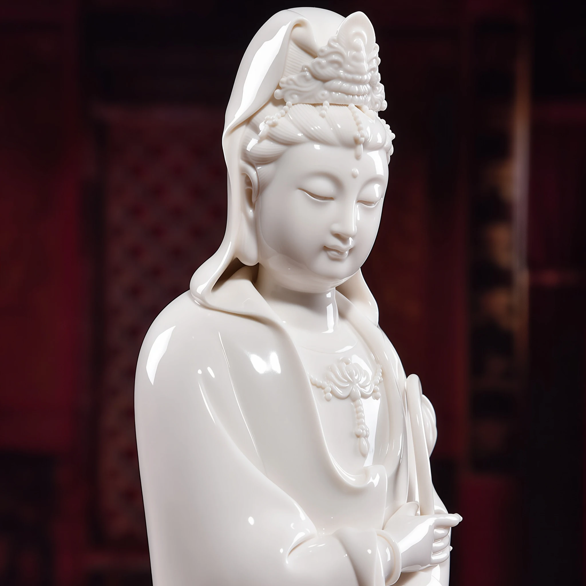 Close-up of Yangzhi Kuan Yin’s lowered eyes, small smile, raised crown details and glossy white glaze