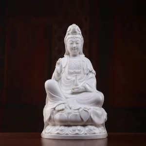 30.5 cm (12.0 in) Zuolian Guanyin statue in white, holding a vase above a lotus seat