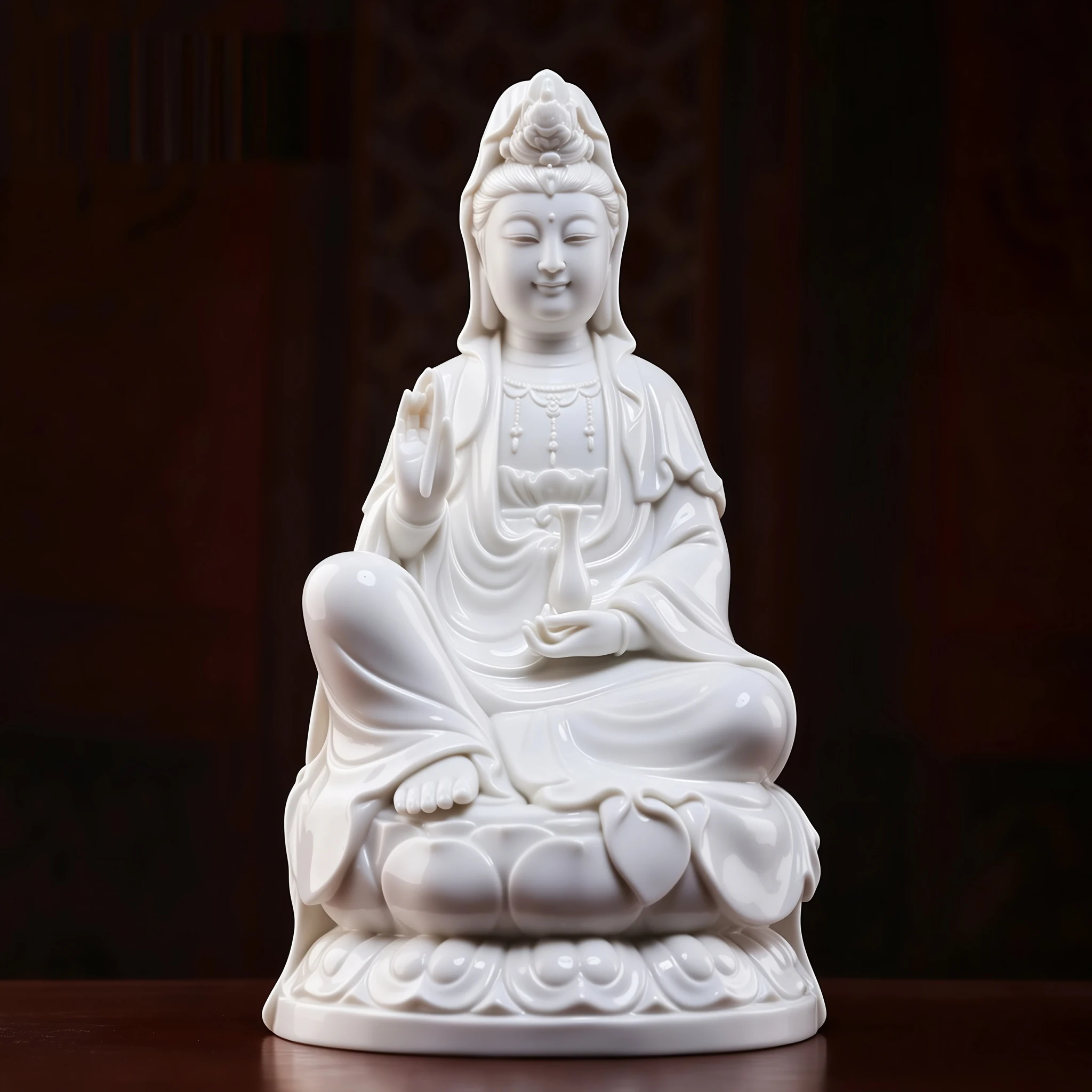 White porcelain Zuolian Guanyin with a slender vase, one knee raised and a rounded lotus seat