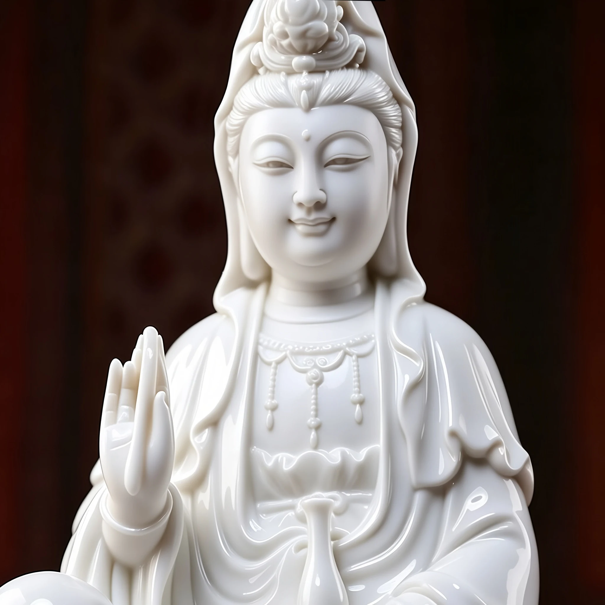 Close view of Zuolian Kuan Yin showing the face, crown figure, raised hand and vase