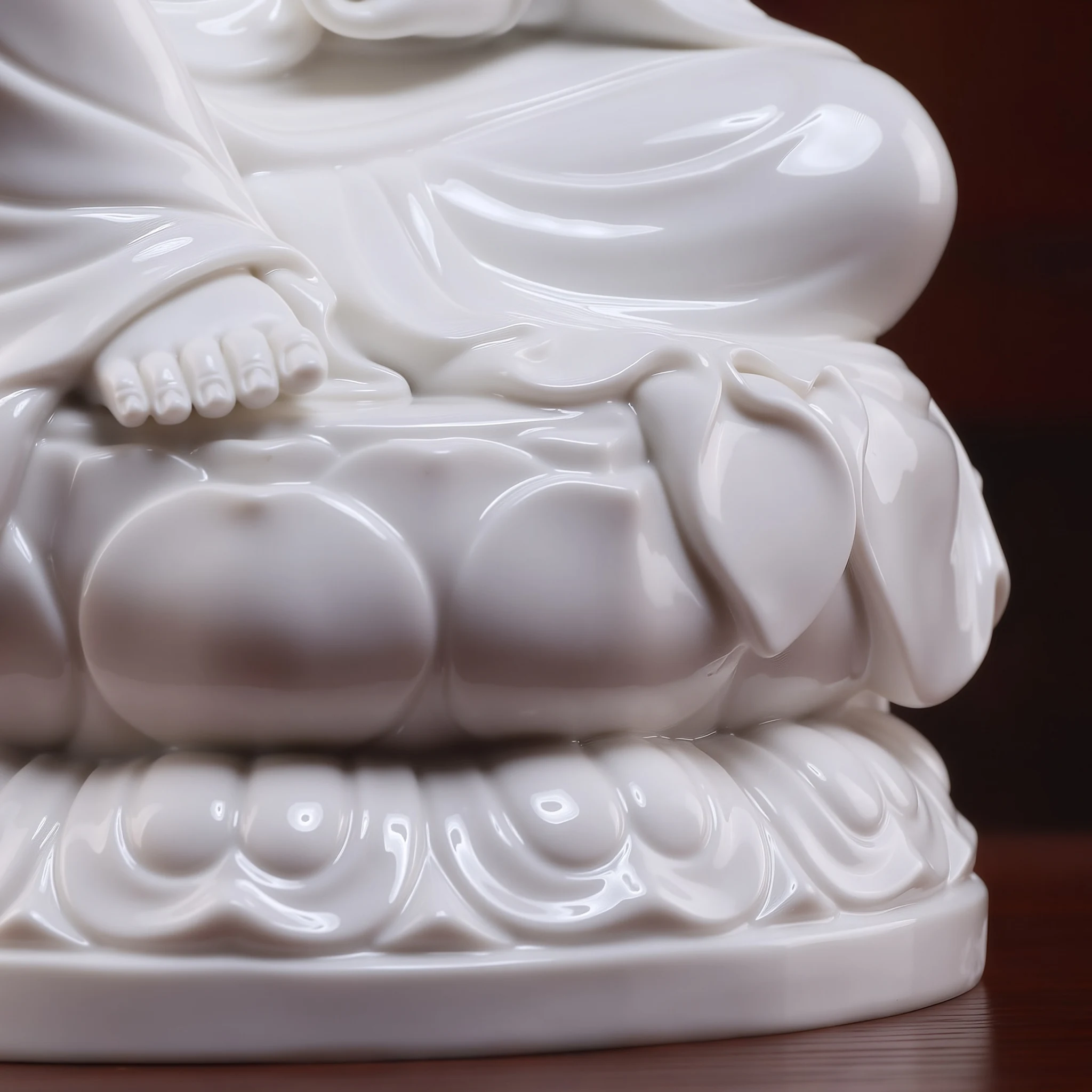 Exposed foot, flowing robe and rounded lotus petals on the white Zuolian Kuan Yin